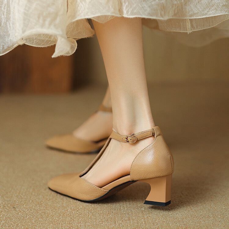 French Retro Square Toe Chunky Heel Wine Red Sheepskin Leather Shoes