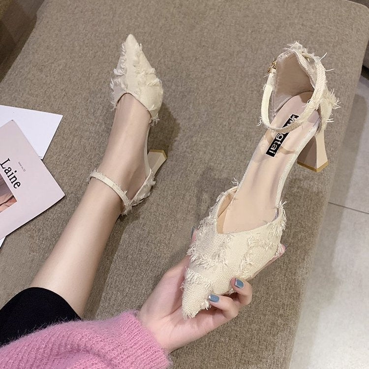 Pointed Toe  Sandals With Thick Heel Buckle