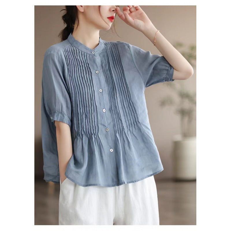 Middle-aged Artistic Retro Women's Cotton And Linen Short-sleeved Shirt