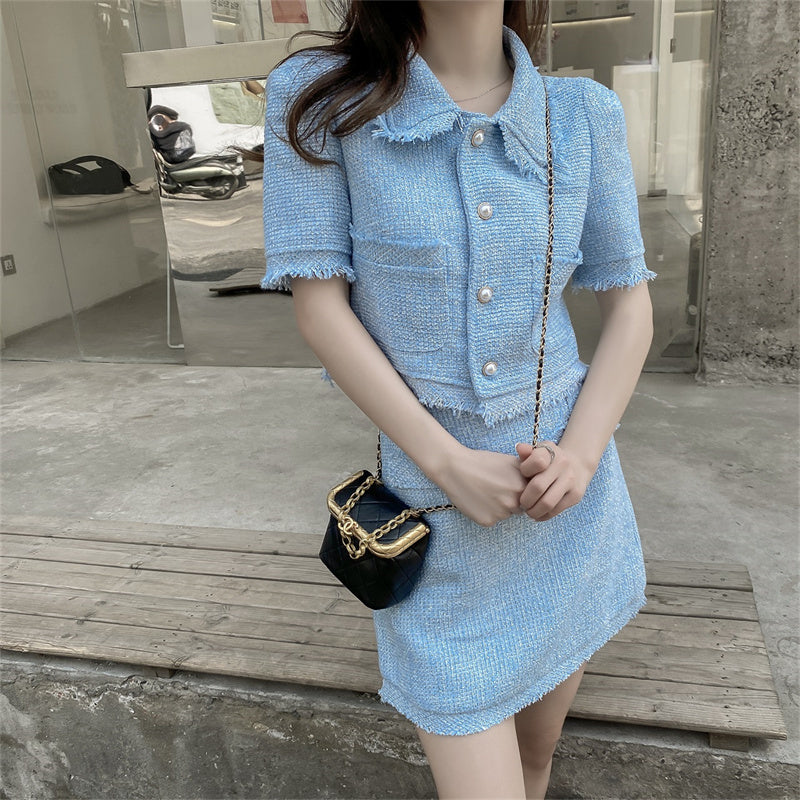 Temperament Tweed Short Jacket High Waist Pack Hip Skirt Two Piece Set