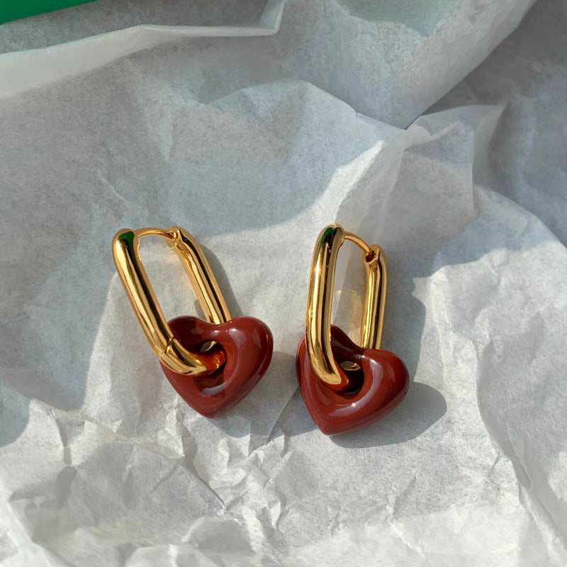 Titanium Steel Vintage Dripping Oil Red Love Heart Earrings Women