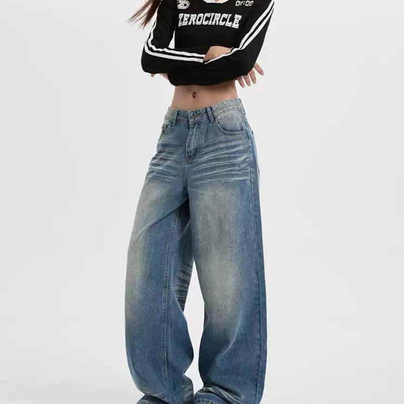 American-style Retro Blue Cat Wide-leg Jeans