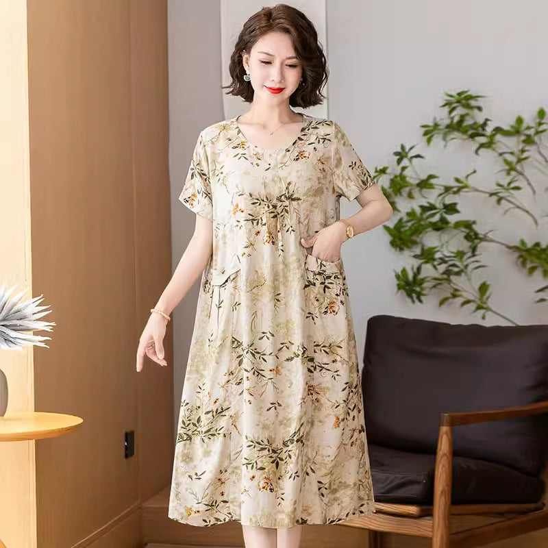 Middle-aged And Elderly Women's Cotton Silk Printing Maxi Dress