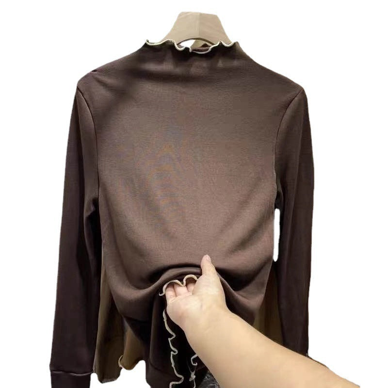 Half Turtleneck Wooden Ear Sweet Spicy Long-sleeved T-shirt Top For Women
