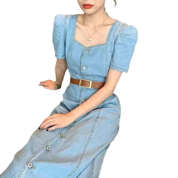 Feminine Slim Puff Sleeve Denim Dress