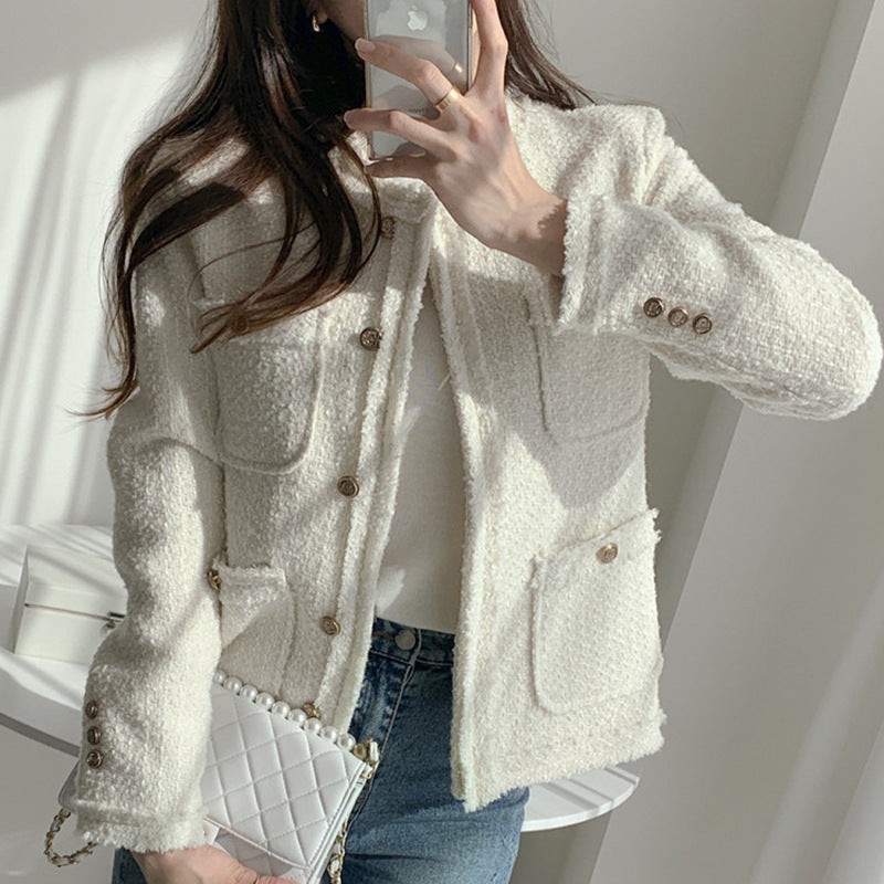 French Temperament Round Neck Multi-pocket Fringed Tweed Short Coat