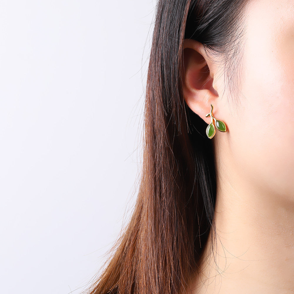 925 Sterling Silver Hetian Jade Bud Stud Earrings Artistic