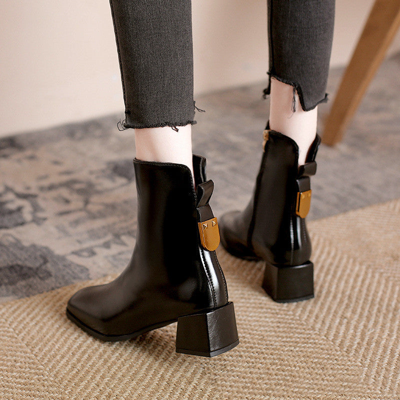 Temperament Female Martin Boots With Thick And Square Toe Heel