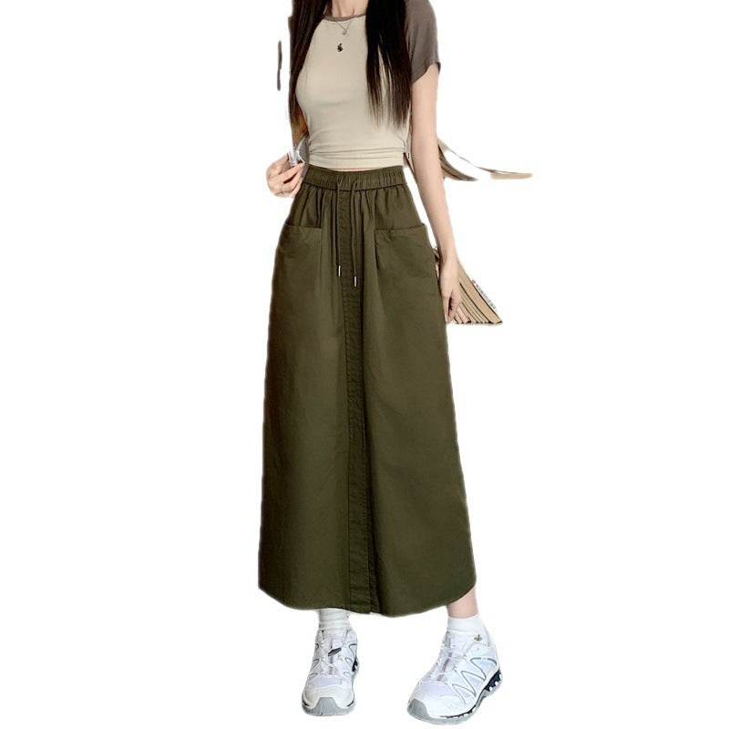 Women's Korean Style Sense Of Design Washed Cotton Midi Skirt