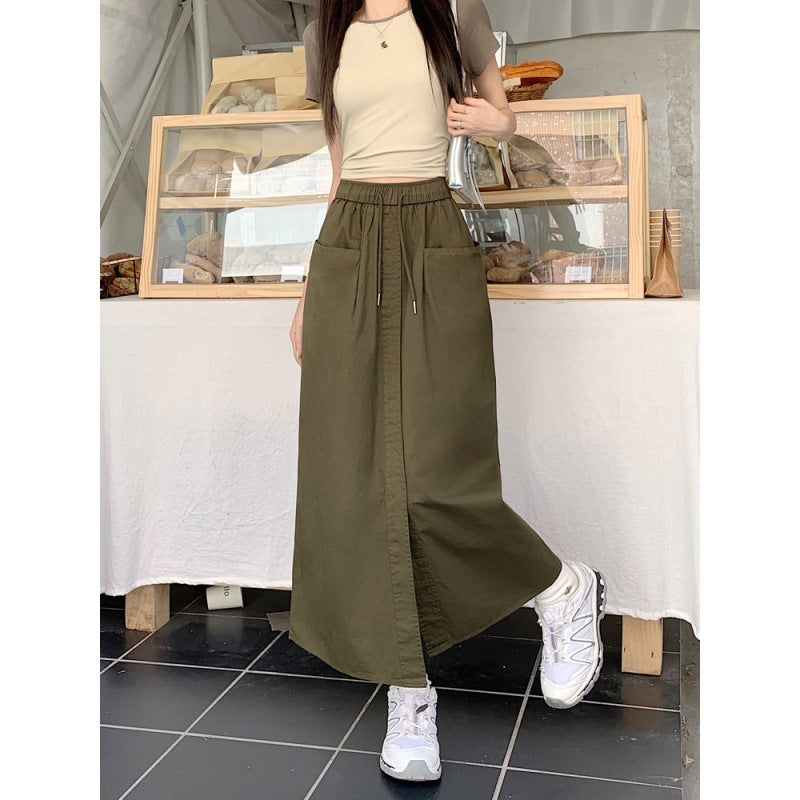 Women's Korean Style Sense Of Design Washed Cotton Midi Skirt