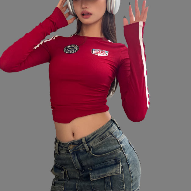 Women's Autumn Red Tight Long-sleeved T-shirt Top