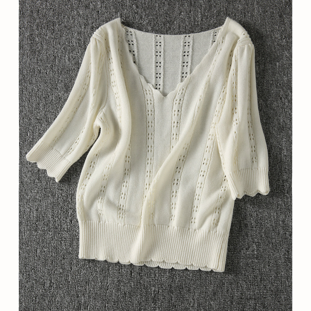 Summer White French Style V-neck Sweater With Short Sleeves