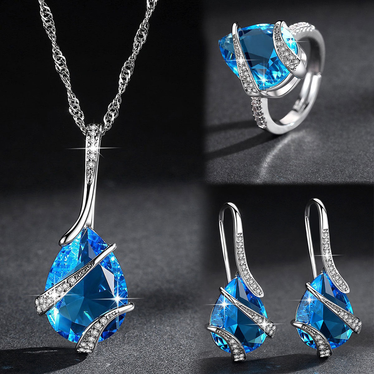 Three-piece Set Colored Gems Set Rings Necklace Earrings