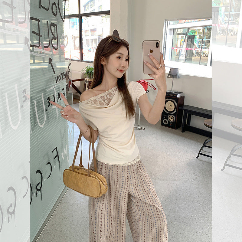 Korean Style Lace Stitching Swing Collar Off-shoulder Short Sleeve T-shirt