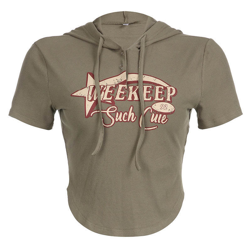 American Preppy Style Fashion Printed Hooded Casual T-shirt Irregular Curved Hem Slimming Versatile Short Top