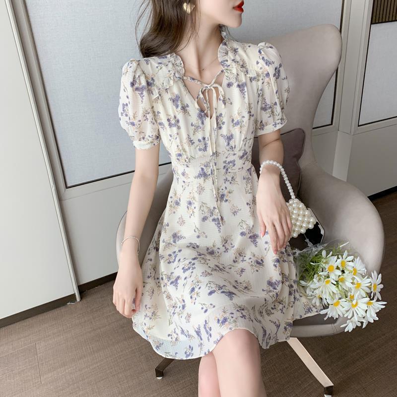 French Puff Sleeves Small Waist Slim A-line Skirt