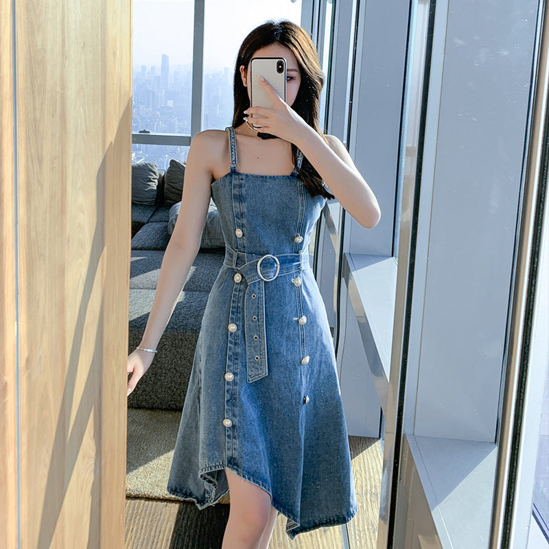 Denim Sling Dress French Vintage Irregular Pearl Buckle