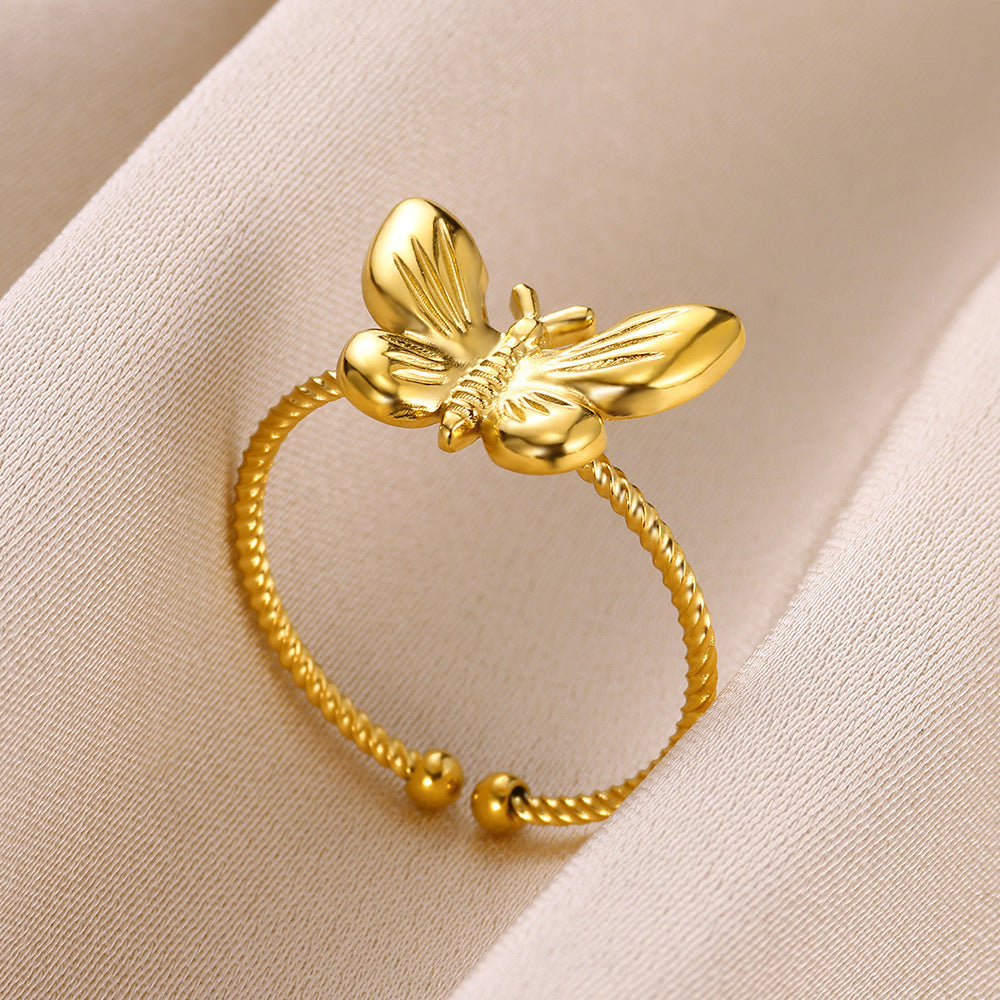 Female With Hearts Butterfly 8K Gold Plated Stainless Steel Ring