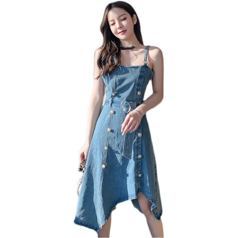 Denim Sling Dress French Vintage Irregular Pearl Buckle