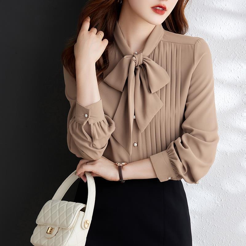 Light Brown Lacing Chiffon Long Sleeve Shirt For Women