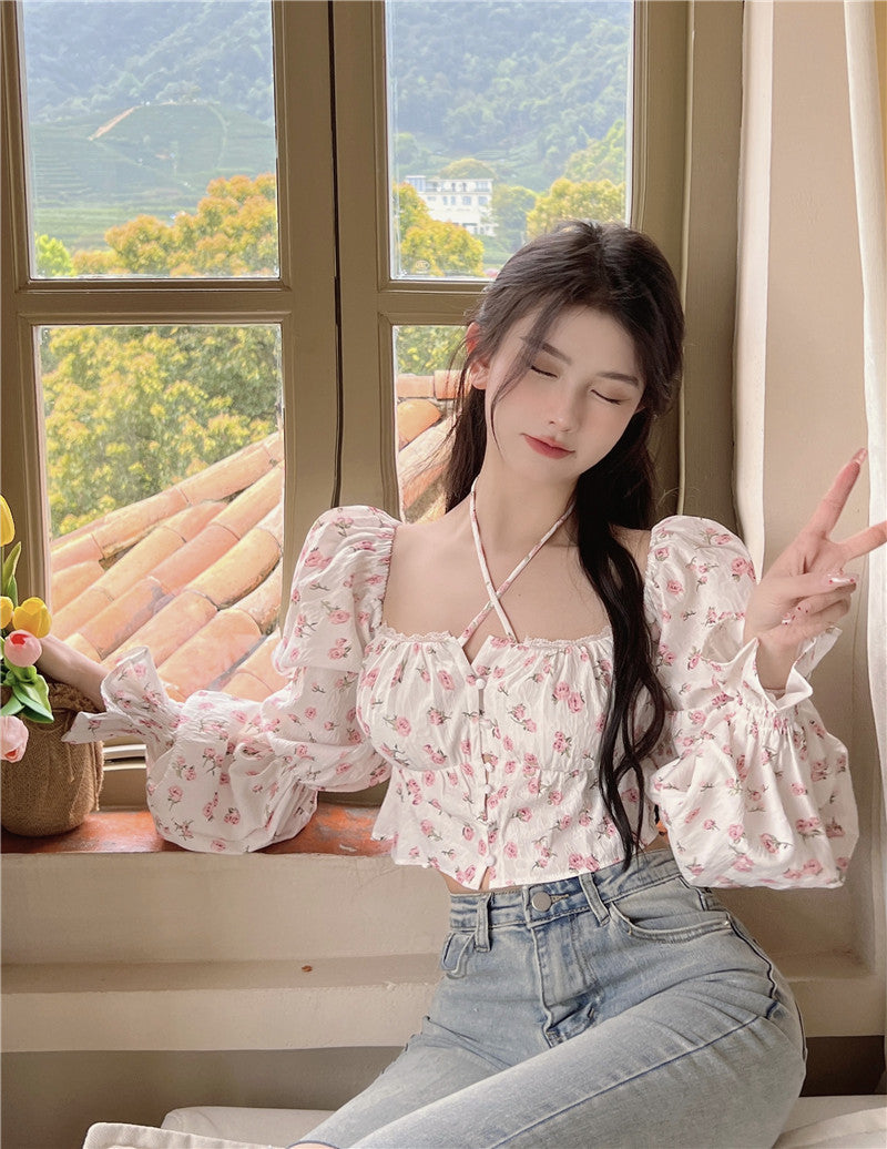 Women's Summer Short White Floral Square Collar Shirt