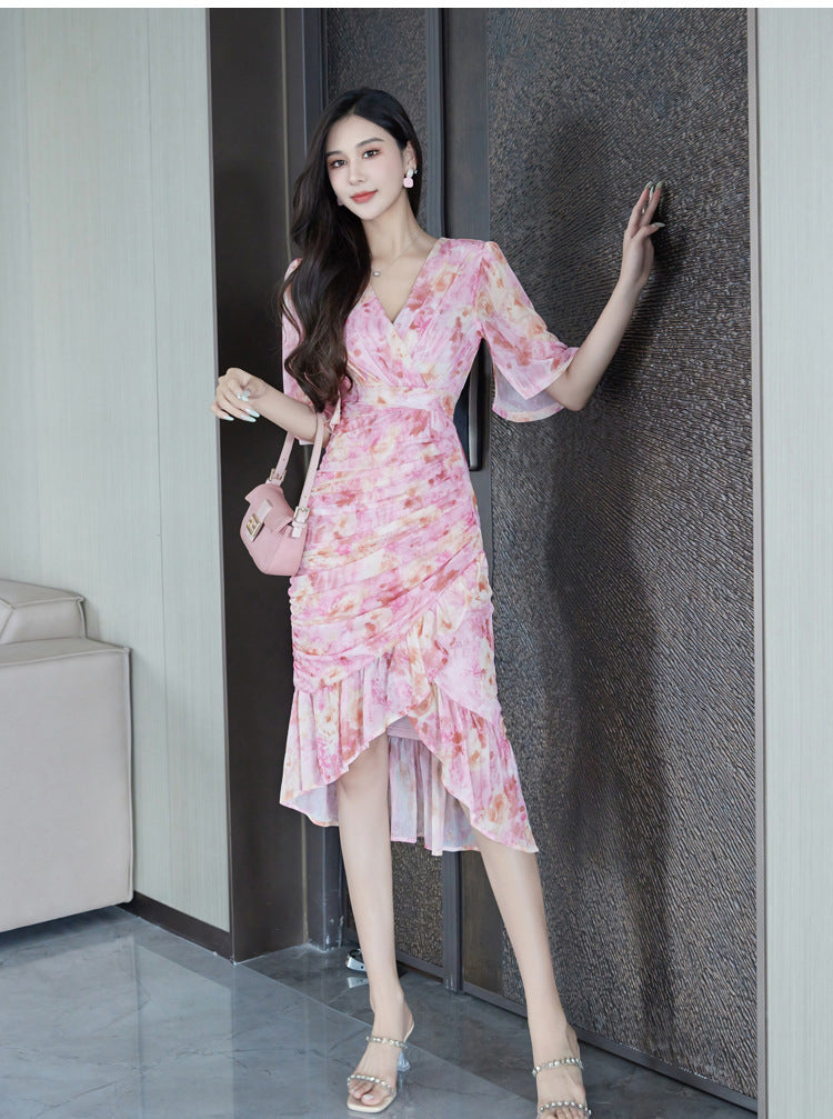 Women's Fall Slim Fit V-neck Irregular Dress