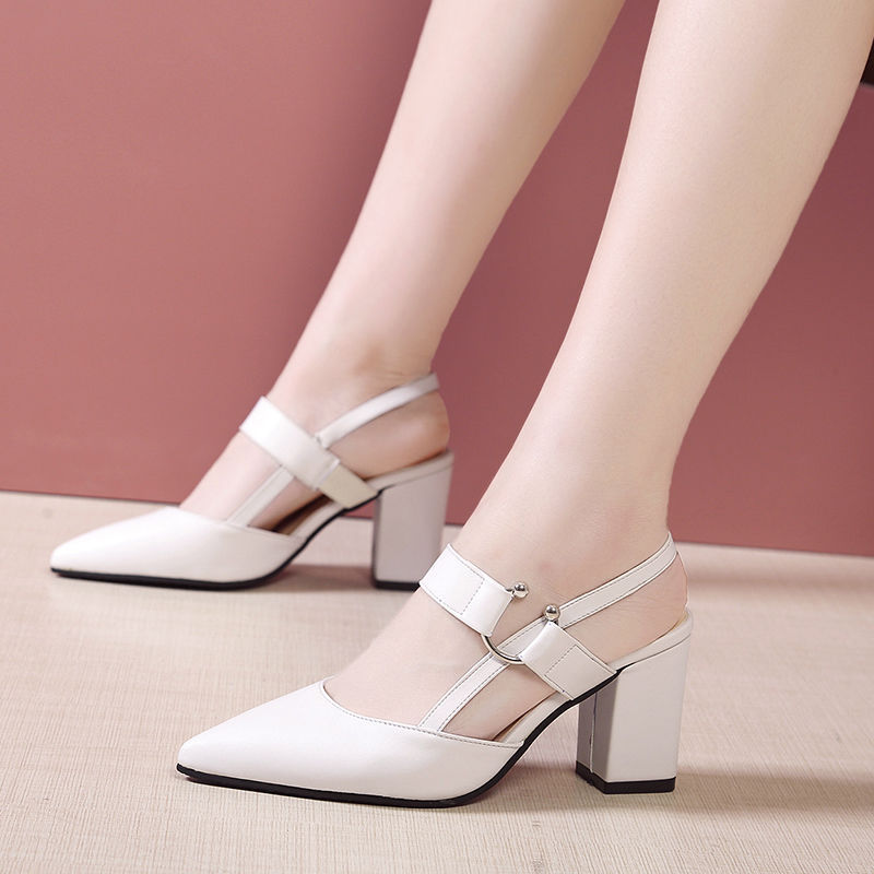 Pointed Toe Sandals Women's Thick Heel Beige High Heels
