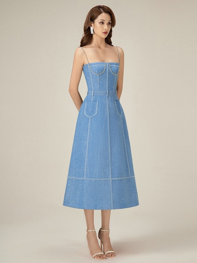 High-grade French Style Denim Rhinestone Sling Dress