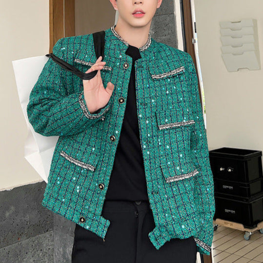 Vintage Raw Edge Multi-pocket Decorative Sequin Tweed Jacket For Men