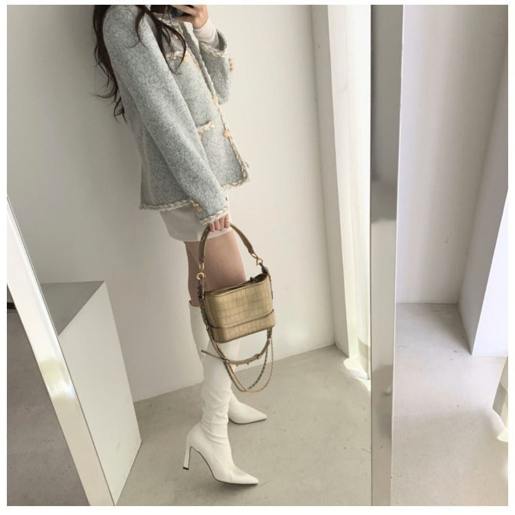 Multi-pocket Single-breasted Tweed Woolen Plus Cotton Padded Jacket