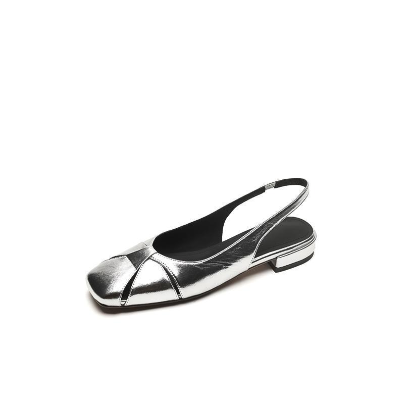 Authentic Leather Toe Box Women's Flat Shoes Back Strap Square Head