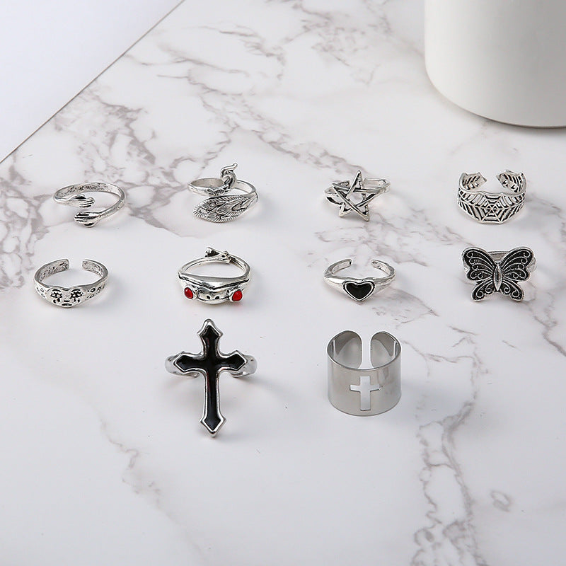 Exaggerated Oil Cross Personality Ring 10 Piece Set