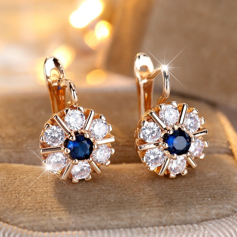 Round White Zircon Sapphire Blue Zircon Flower Basket Earrings