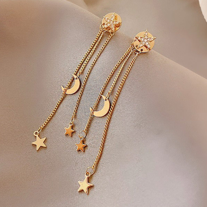 Silver Needle Long Star Moon Earrings Zircon Personality