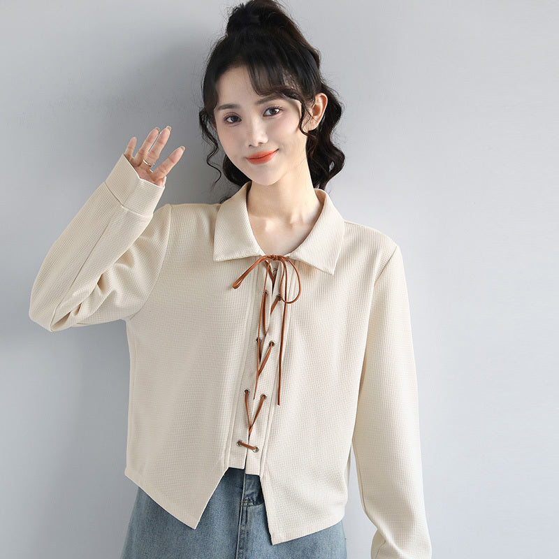 Women's Apricot Long-sleeved Shirt With Loose Polo Collar