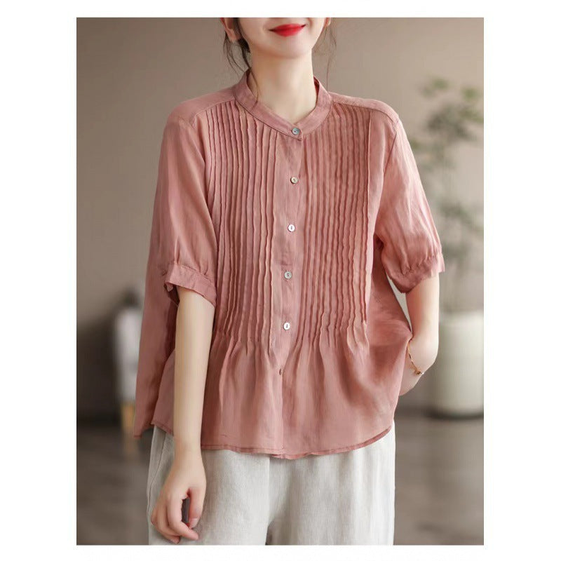 Middle-aged Artistic Retro Women's Cotton And Linen Short-sleeved Shirt