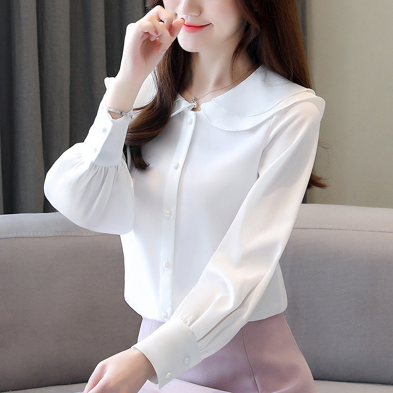 Doll Collar Solid Color Long-sleeved Chiffon Shirt