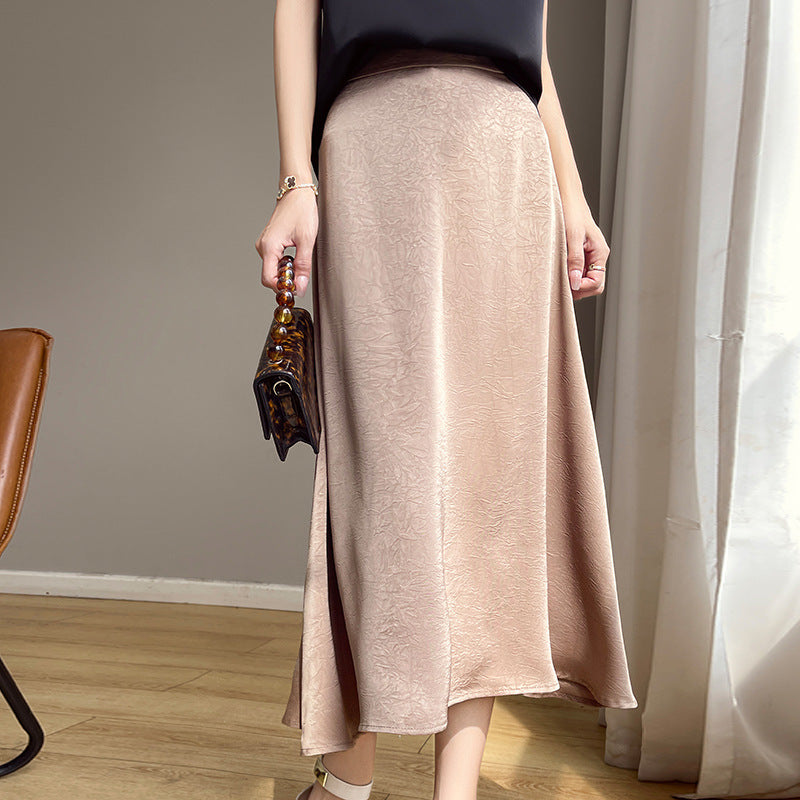 Water Ripple Skirt Silk Texture Mid-length High Waist Solid Color Skirt