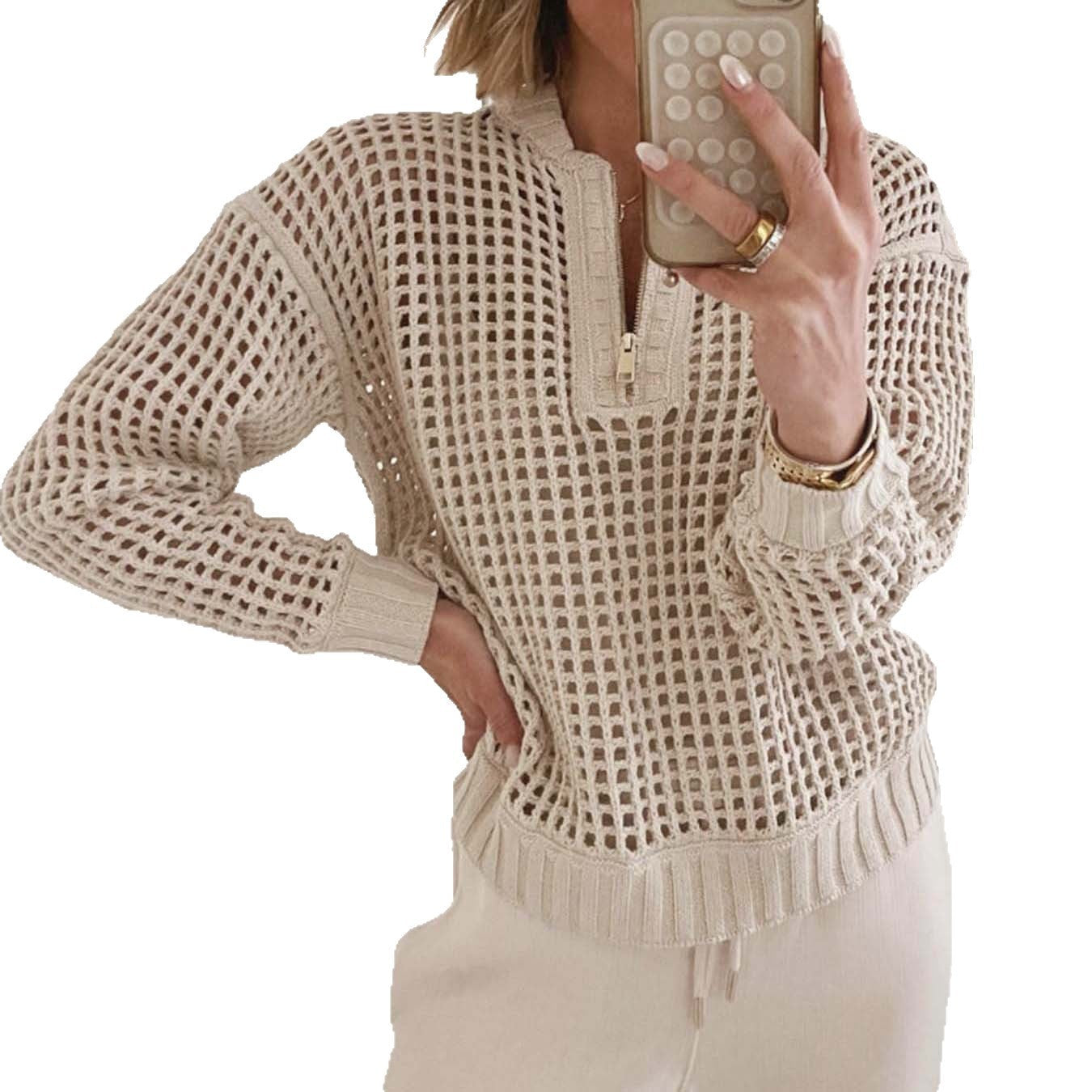 Fashion Women's Wear Pullover Zipper Half Cardigan Hollow Out Sweater