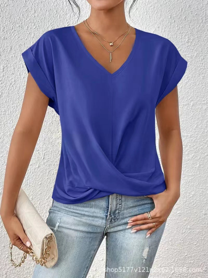 Solid Color V-neck T-shirt Elegant Short Sleeved Top For Spring And Summer Women's Clothing
