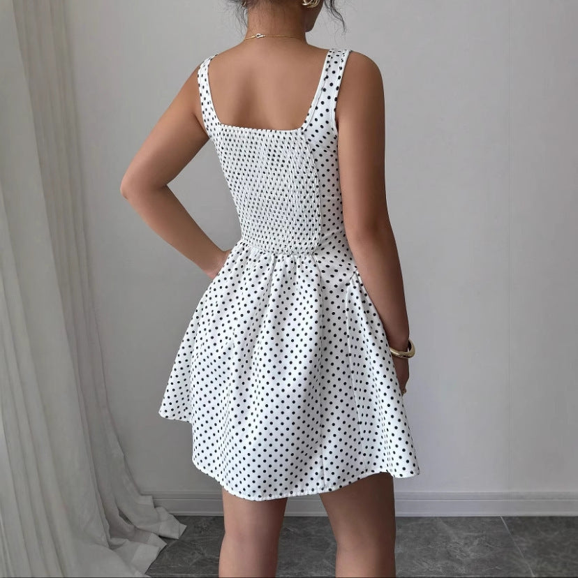 Pure Desire Wind Lace-up Waist Polka Dot Vest Dress