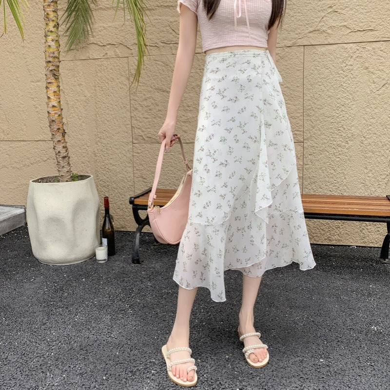Printed Chiffon Flounced Skirt One Piece Asymmetric Skirt Mid-length