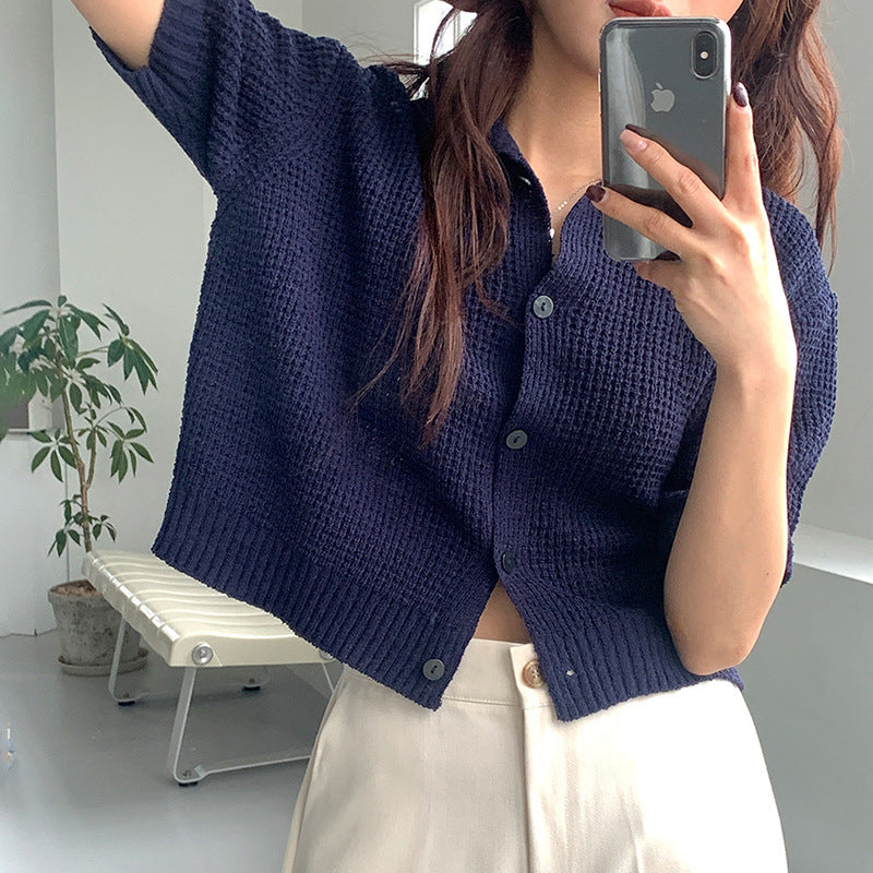 Draping Lapel Cardigan Sweater Solid Color Sweater With Short Sleeves