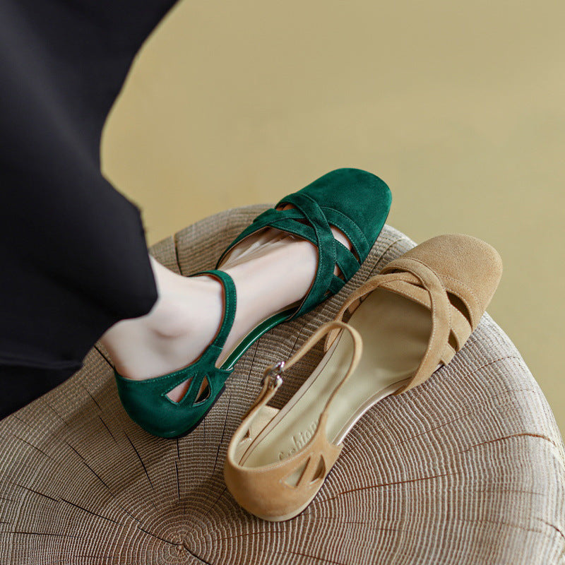 Classic Retro Sandals Women's Summer Round Toe Frosted Toe Box Soft Bottom Flat Shoes