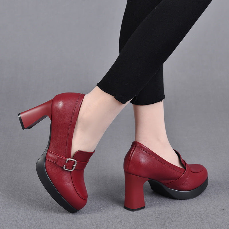 Women's French Chunky Heel Waterproof Platform Retro High Heel Leather Shoes