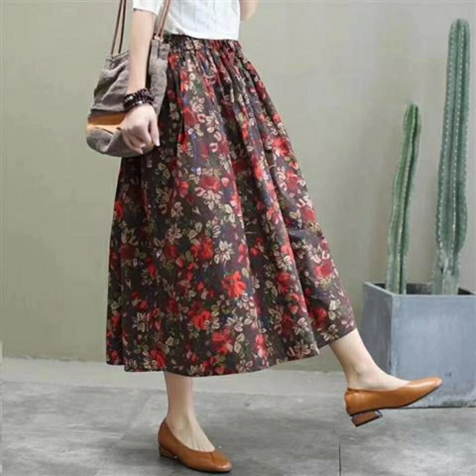 Floral SpringSummer New Mid-length High Waist Slimming A- Line Retro Elastic Midi Dress