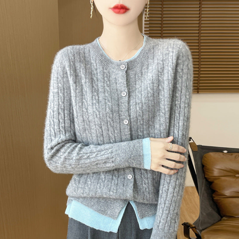 O-neck Short Small Twist Knitted False Two Pieces Color Matching Cardigan Jacket