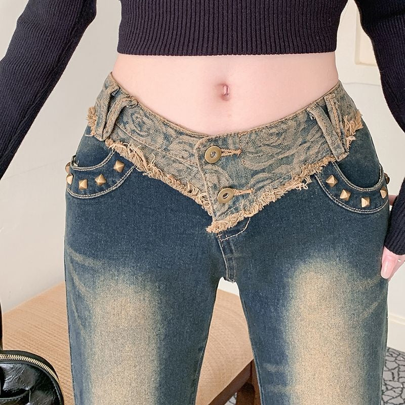Vintage Rose Stitching Edging Skinny Jeans