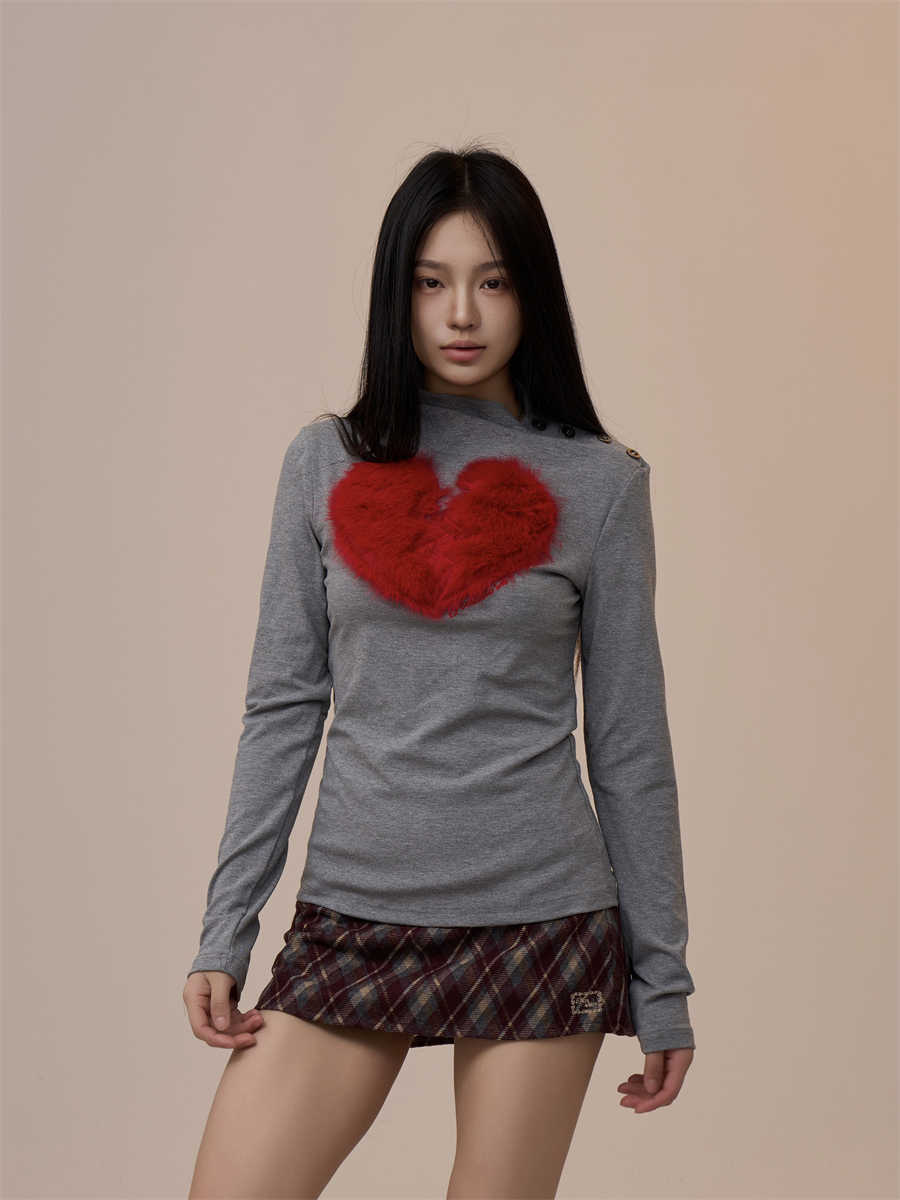 Women's Creative Heart Long-sleeved T-shirt Loose Retro Slim-fit Top