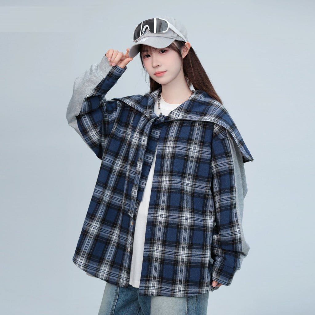 Plaid Stitching Gray Rayon Hooded Cape Shirt
